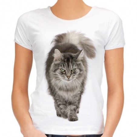 koszulka damska z szarym kotem i puszystym ogonem rasa Maine Coon