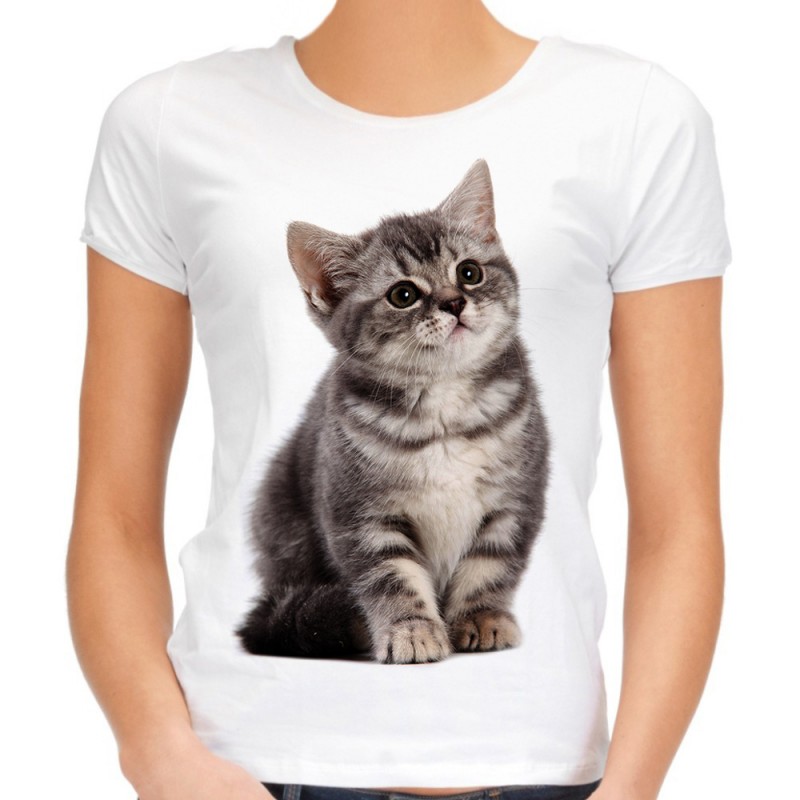 koszulka damska z kociakiem kotkiem pręgowanym szarym domowym