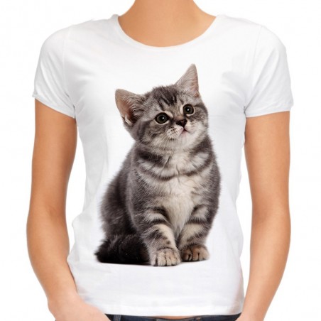 koszulka damska z kociakiem kotkiem pręgowanym szarym domowym