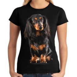 Koszulka z jamnikiem długowłosym psem damska z nadrukiem motywem grafika jamnika t-shirt
