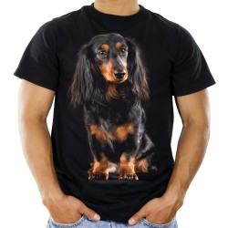 Koszulka z jamnikiem długowłosym psem męska z nadrukiem grafika motywem psa jamnika długowłosego t-shirt