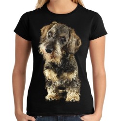 Koszulka z psem jamnikiem szorskowłosym damska z nadrukiem motywem grafika psa jamnika na prezent