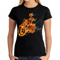 Koszulka damska z płonącym szkieletem na motor dla motocyklistki t-shirt czaszka horror