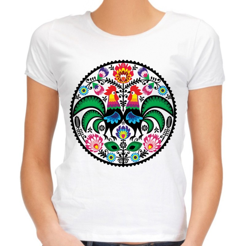 Koszulka ludowa z kogutami damska łowicka folkowa folklor ludowy t-shirt