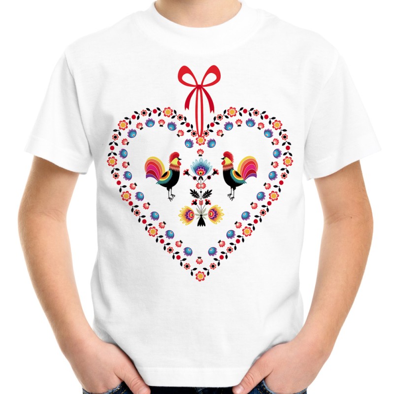 Koszulka z sercem folkowa koguty męska ludowa dla dziecka